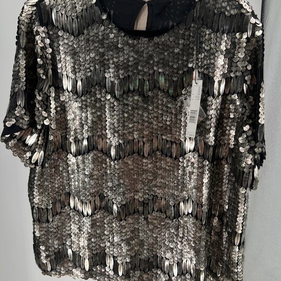 Elie Tahari Womans Java Sequin Blouse Shirt Size S Art Deco Silver Platinum NWT - Picture 2 of 7